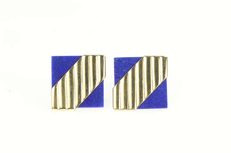 14K Yellow Gold Squared Lapis Lazuli Scalloped Geometric Earrings