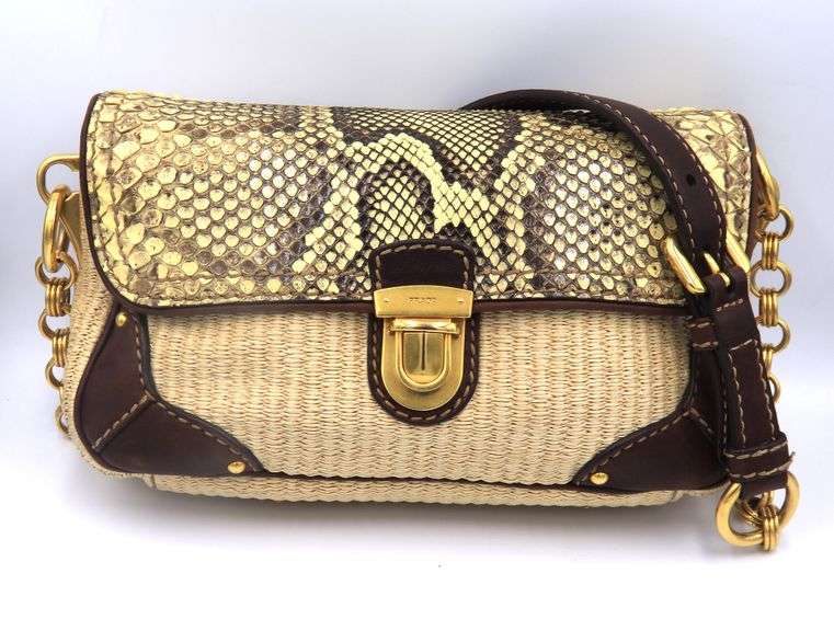 Preowned Designer Prada Straw Python Shoulder Bag