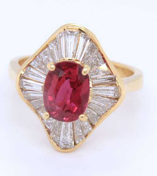 Remarkable 18kt Yellow Gold Rubellite Tourmaline and Diamond Ballerina Ring