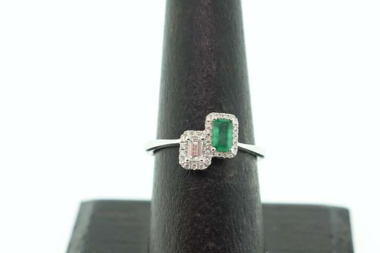 Twin Pair Emerald and Baguette Diamond Ring with 18k White Gold