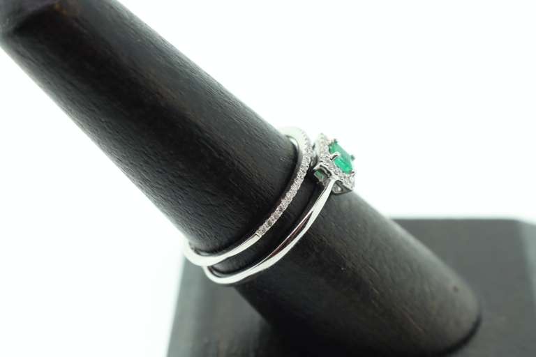 Sleek Double Row 18k White Gold Emerald Ring with Diamond Studs