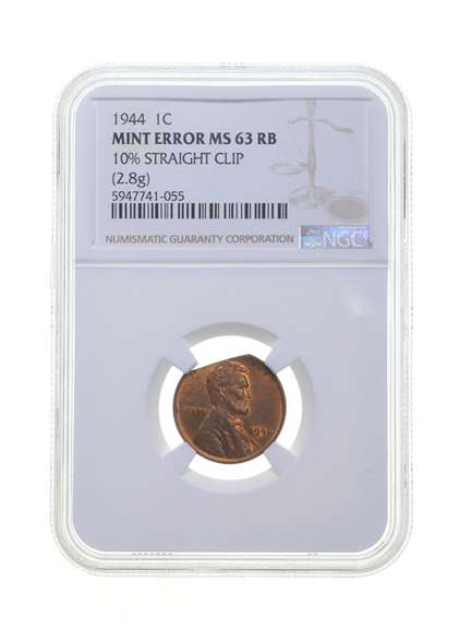 MS63 RB ERROR 1944 Lincoln Wheat Cent 10% Straight Clip (2.8g) NGC