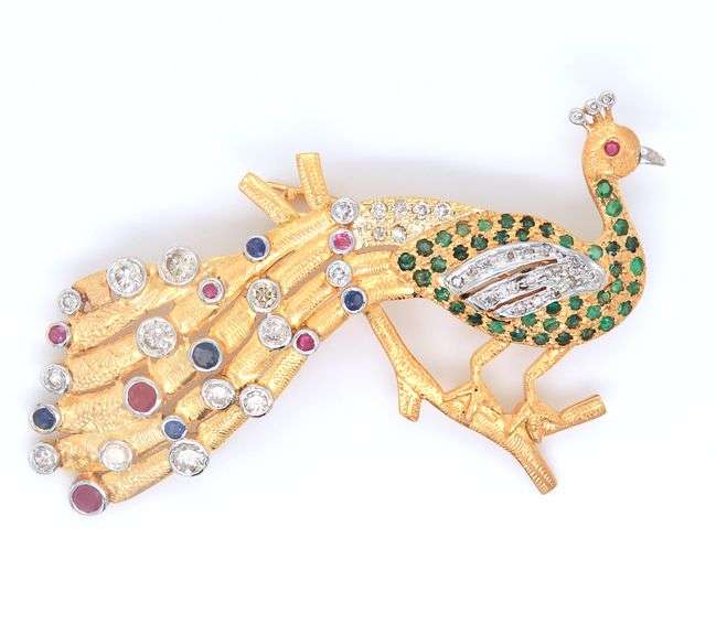 Majestic Yellow Gold Ruby, Sapphire and Emerald Peacock Brooch
