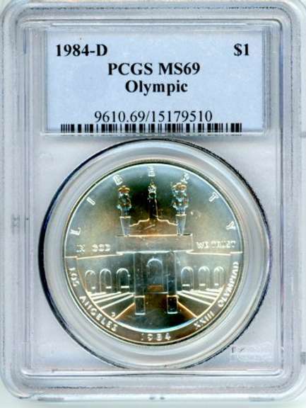 1984-D Olympics BU Commemorative Silver Dollar in PCGS MS69