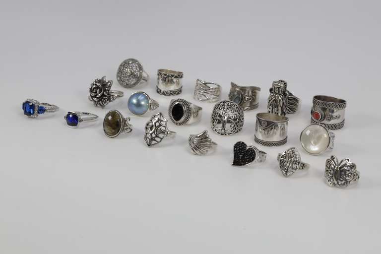 .925 Sterling Silver Cocktail Ring Assortment Various Sizes & Styles (20 Ring Lot)
