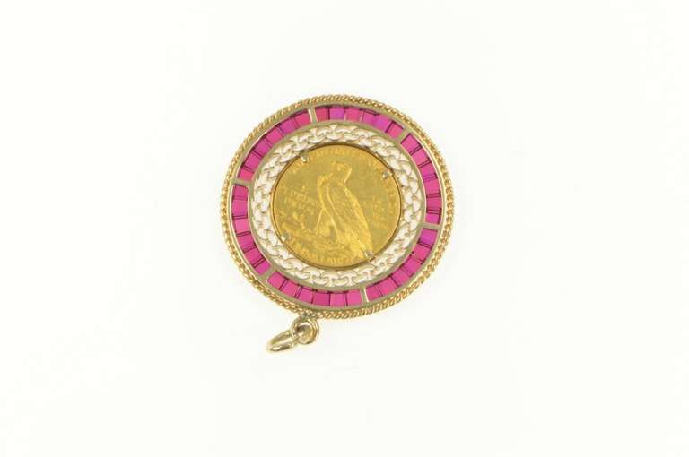 14K Yellow Gold 1914 Indian $2.50 Syn Ruby Medallion Charm/Pendant