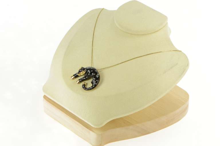 14K Yellow Gold Black Enamel Rhinestone Leopard Jaguar Pendant
