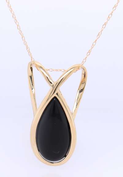 Attractive Yellow Gold Pear Black Onyx Slider Pendant on Chain Necklace