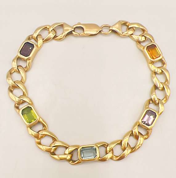 14kt Solid Yellow Gold Cuban Link & Gemstone Chain Bracelet