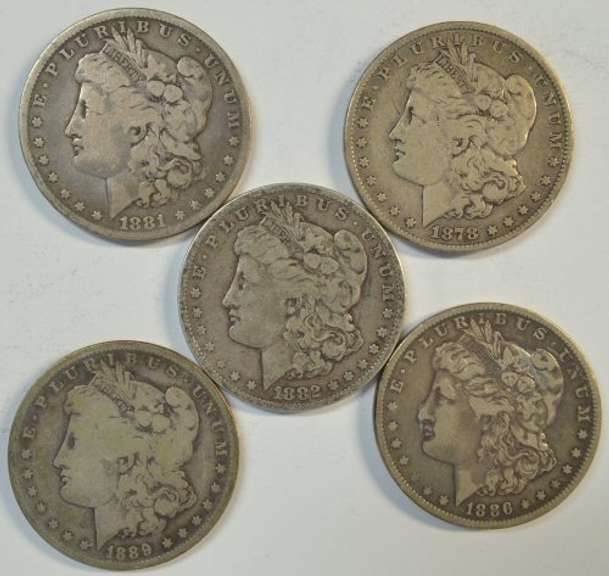 5 Diff. Morgan Silver Dollars 1878 to 1889-O. Nice circs