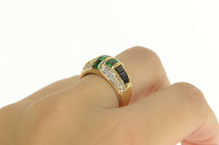 14K Yellow Gold Emerald Cut Syn. Emerald & Sapphire Diamond Ring