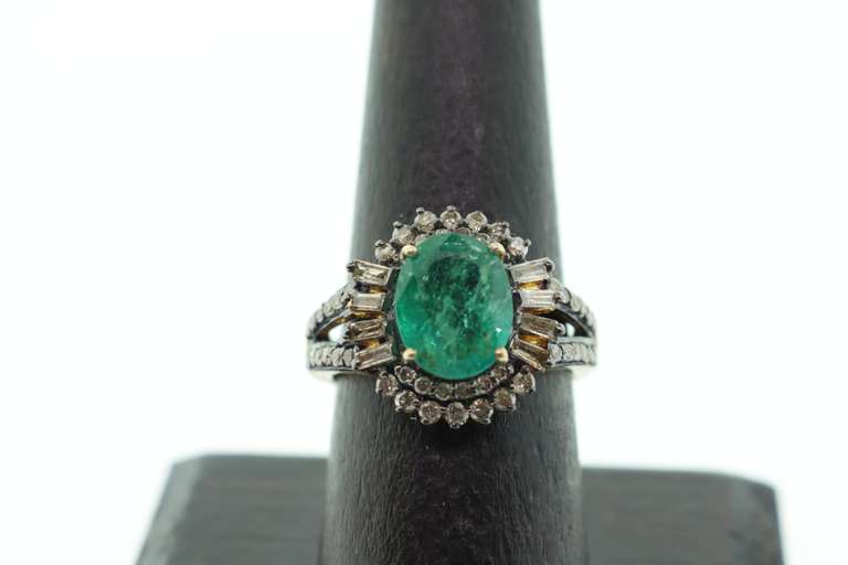 Enchanting Emeral Ring with Round and Baguette Diamonds on a Gold Plated Silver Band
