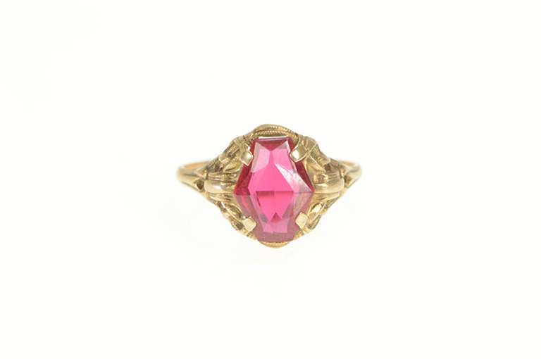 10K Yellow Gold 1930's Ornate Syn. Ruby Statement Ring