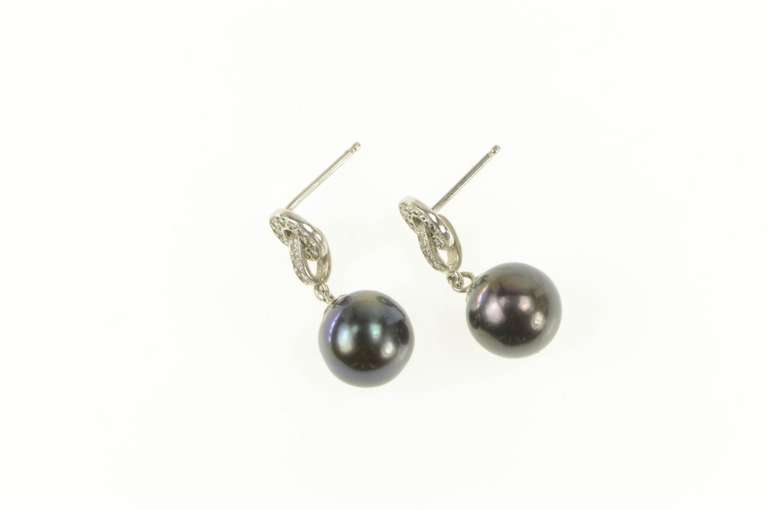 14K White Gold 5.6mm Round Black Pearl Diamond Dangle Earrings