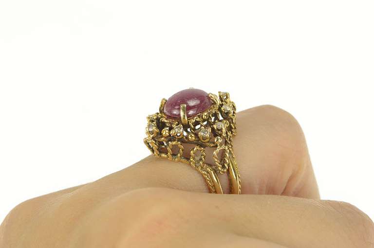 14K Yellow Gold 4.27 Ctw Ruby Cabochon Diamond Cocktail Ring
