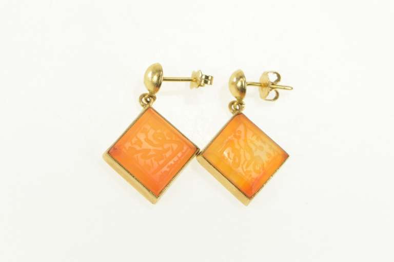 14K Yellow Gold Carved Arabic Carnelian Square Dangle Earrings