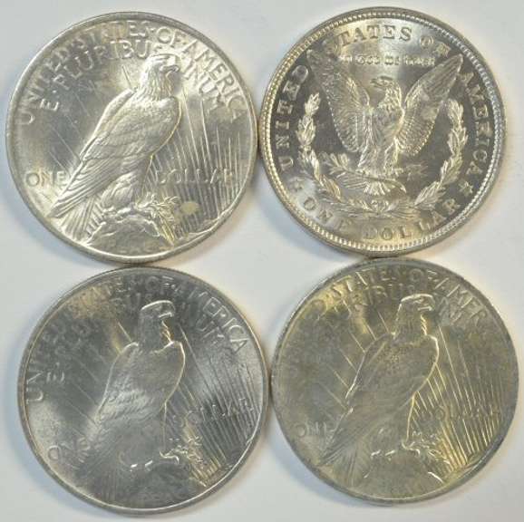 Choice BU 1921 Morgan and 1922 to 1924 Peace Dollars. 4pcs