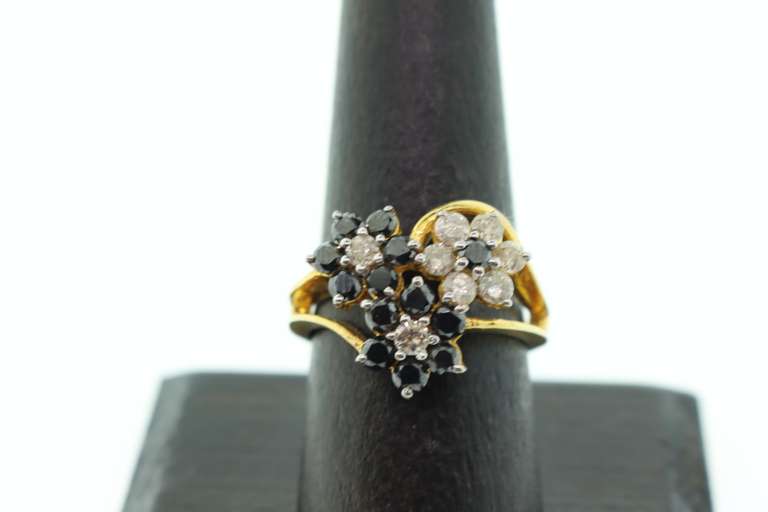 Black and White Diamond Floral Triarchy with Gold Plated Silver
