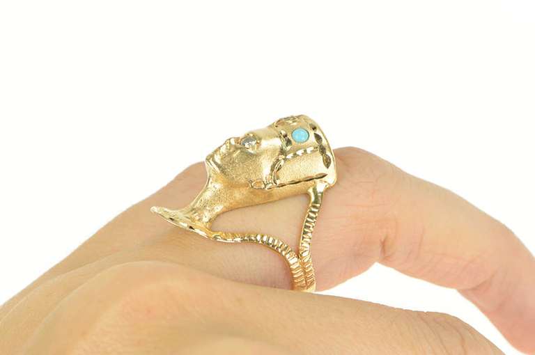 14K Yellow Gold Diamond Queen Nefertiti Turquoise Egyptian Ring