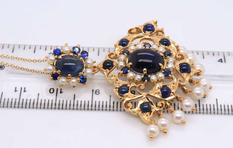Wonderful Yellow Gold oval Cab Sapphire with Sapphire and Saltwater Pearls Pendant on Chain