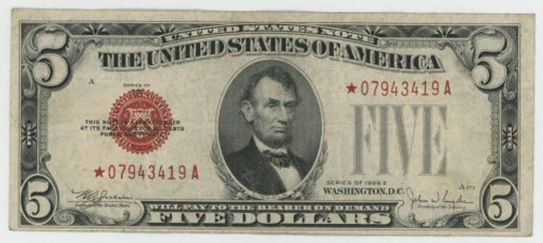 Rarely seen Series of 1928-E STAR $5 Red Seal Note