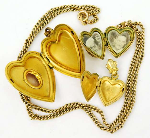 3 Vintage Gold-Filled Heart Lockets - Cameos