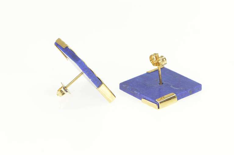 14K Yellow Gold Squared Lapis Lazuli Scalloped Geometric Earrings