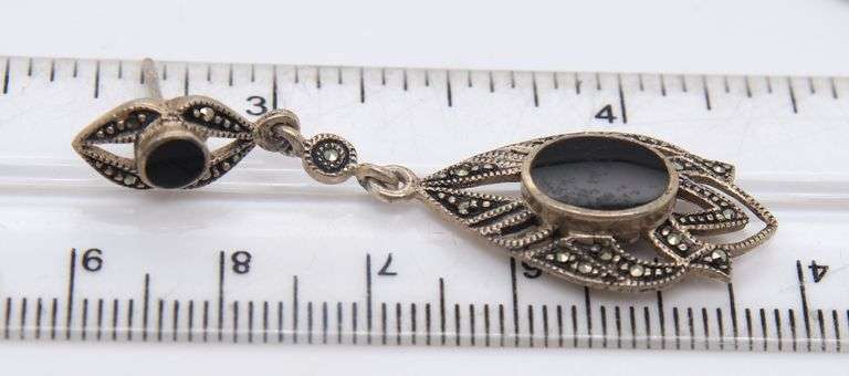 Vintage 925 Sterling Silver Black Onyx and Marcasite Dangle Earrings
