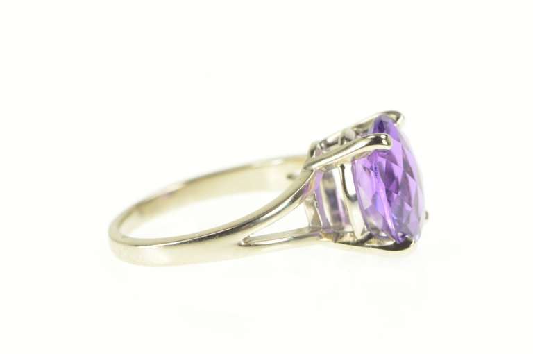 14K White Gold Oval Amethyst Faceted Solitaire Cocktail Ring