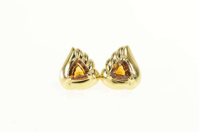 14K Yellow Gold Trillion Citrine Solitaire Scalloped Stud Earrings