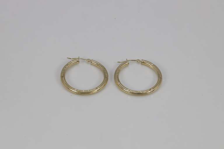 10k Yellow Gold Fancy Diamond Cut Hoop Earrings 30mm