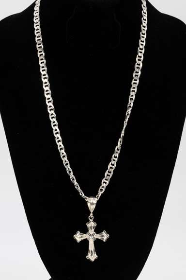 .925 Italian Sterling Silver 7.3mm Anchor Chain 24" w/ .925 Sterling Silver Cross Pendant