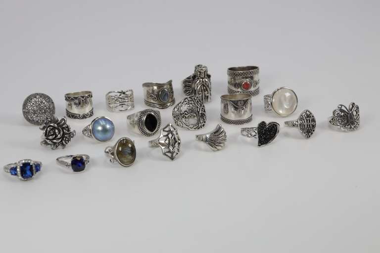 .925 Sterling Silver Cocktail Ring Assortment Various Sizes & Styles (20 Ring Lot)