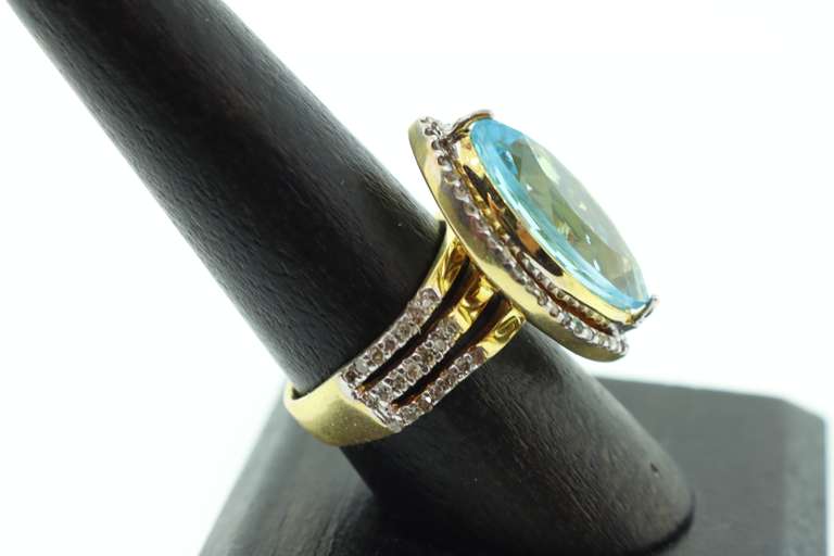 Gorgeous Aquatic Topaz Ring with Brilliant Gold Plated Silver and Diamond Accents