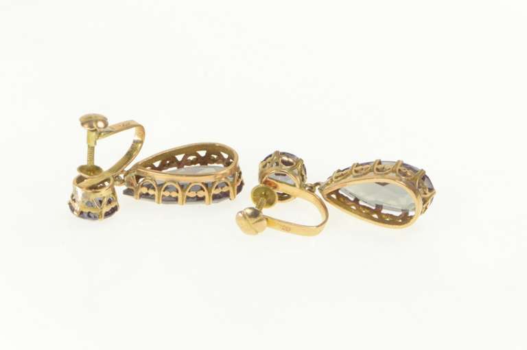 14K Yellow Gold Victorian Amethyst Pear Dangle Screw Back Earrings