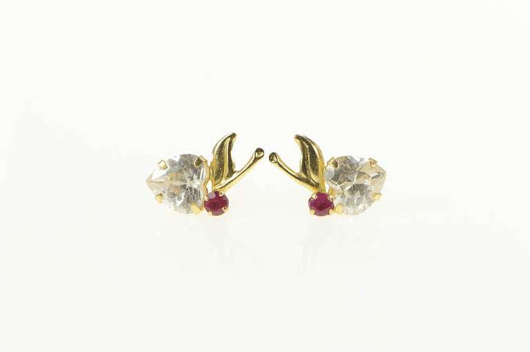 14K Yellow Gold Heart Cut Cubic Zirconia Syn. Ruby Stud Earrings