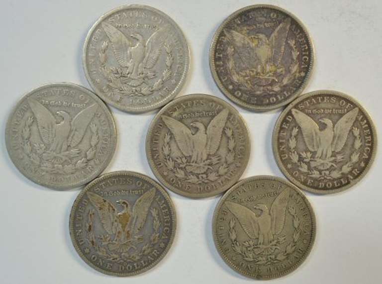 7 Diff. Morgan Silver Dollars 1881 to 1901-O. Nice circs