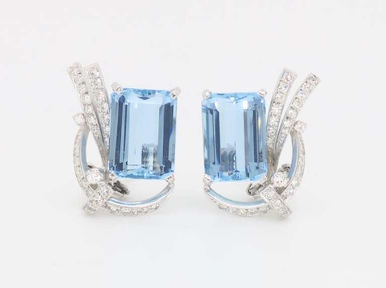 Certified Estate Aquamarine & Diamond Omega back Earrings