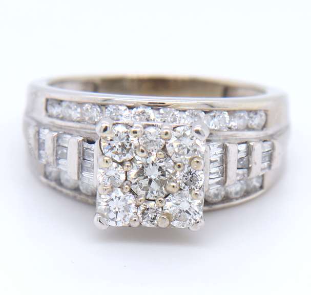 Attractive White Gold Square Cluster RBC and Baguette Diamond Engagement Ring