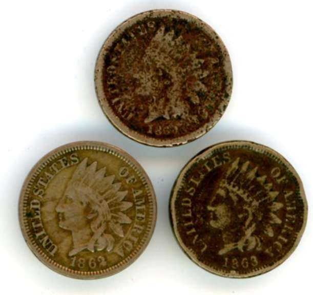 3 Copper Nickel Indian Head Cents from 1860, 1862, & 1863.