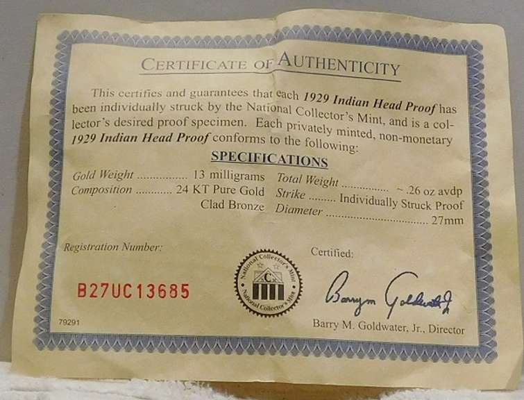 Replica: 1929 Indian Head PRF w/Cert