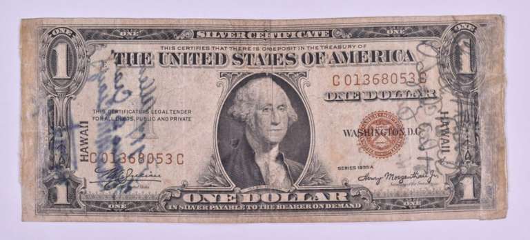 1935-A $1 US Silver Certificate - Hawaii Overprint - Short Snorter