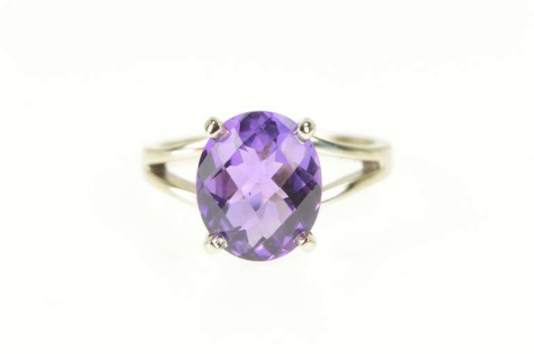 14K White Gold Oval Amethyst Faceted Solitaire Cocktail Ring