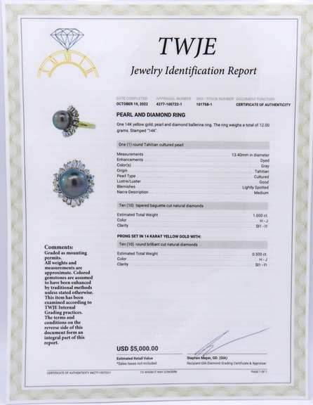 Incredible Yellow Gold Tahitian Pearl and Diamond Ring