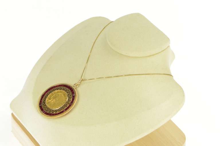 14K Yellow Gold 1914 Indian $2.50 Syn Ruby Medallion Charm/Pendant
