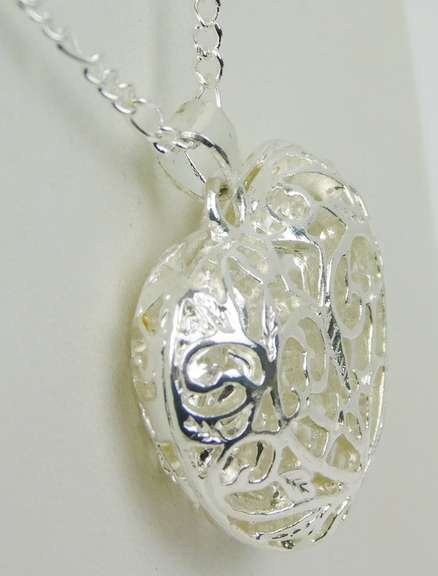 Sterling Silver Filigree Puffy Heart Pendant & Chain