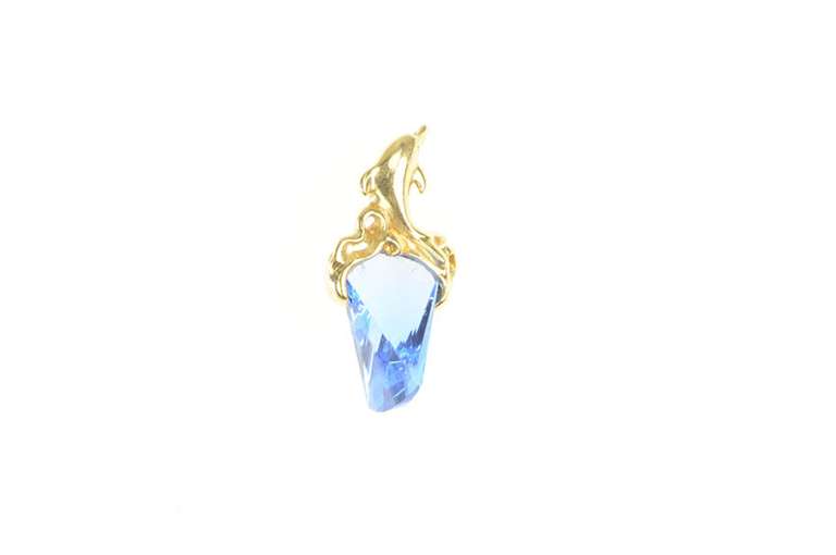 14K Yellow Gold Dolphin Fantasy Cut Syn. Sapphire Drop Pendant