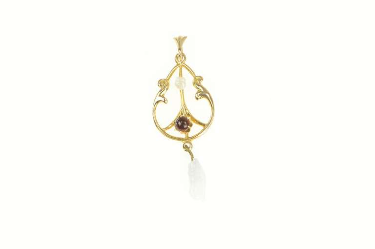 14K Yellow Gold Victorian Seed Pearl Garnet Ornate Drop Pendant