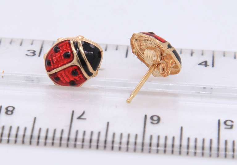 Cute Yellow Gold Enamel Lady Bug Earrings