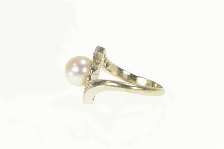 14K White Gold Ornate 1950's Pearl Diamond Engagement Ring